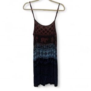 Earthbound Trading Co Brown Blue Boho Elephant Camel Print Mini Dress